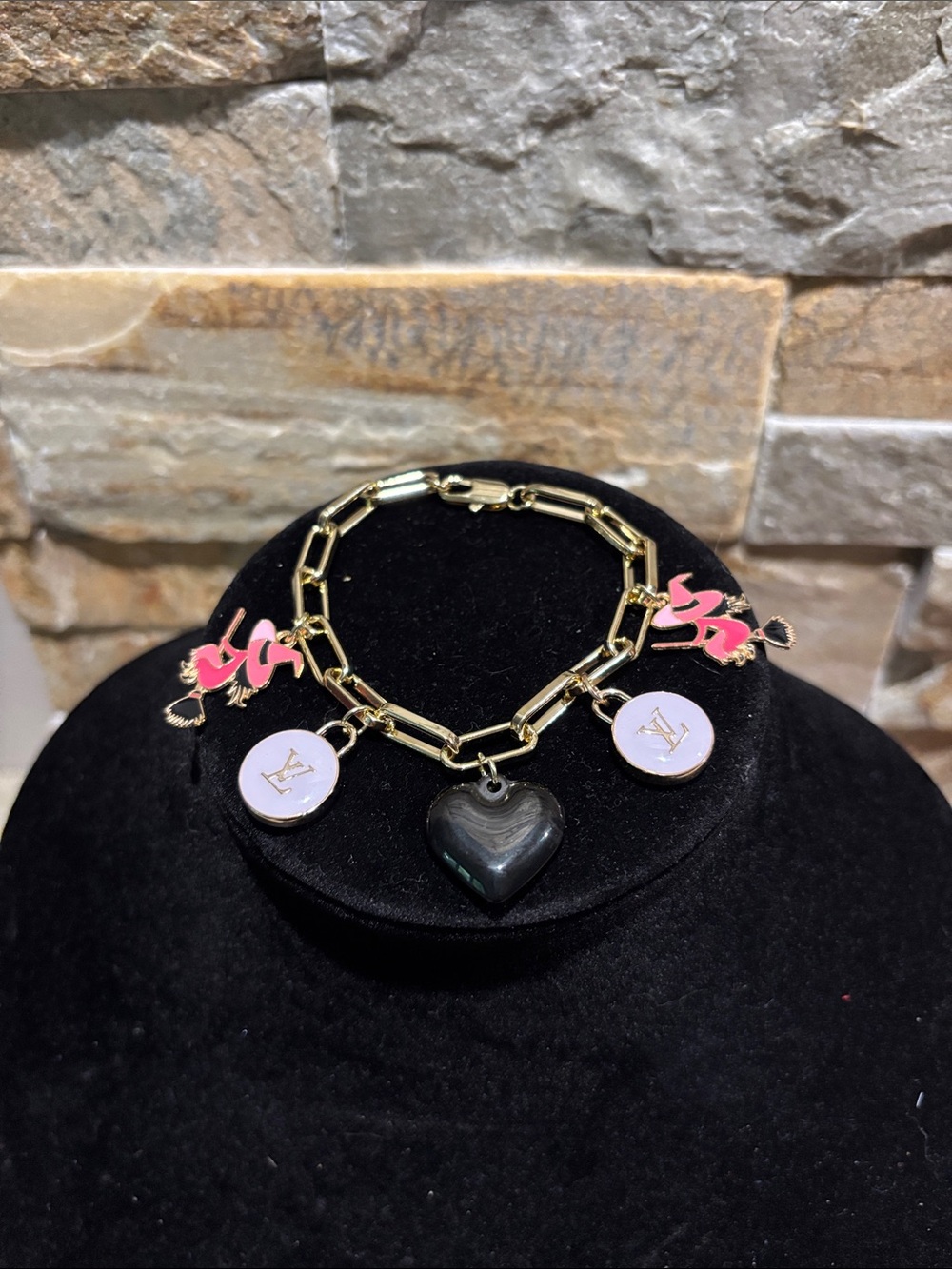 Gold plated Charm Bracelet with witch charms 🧙‍♀️LV skittles, & a black heart 🖤